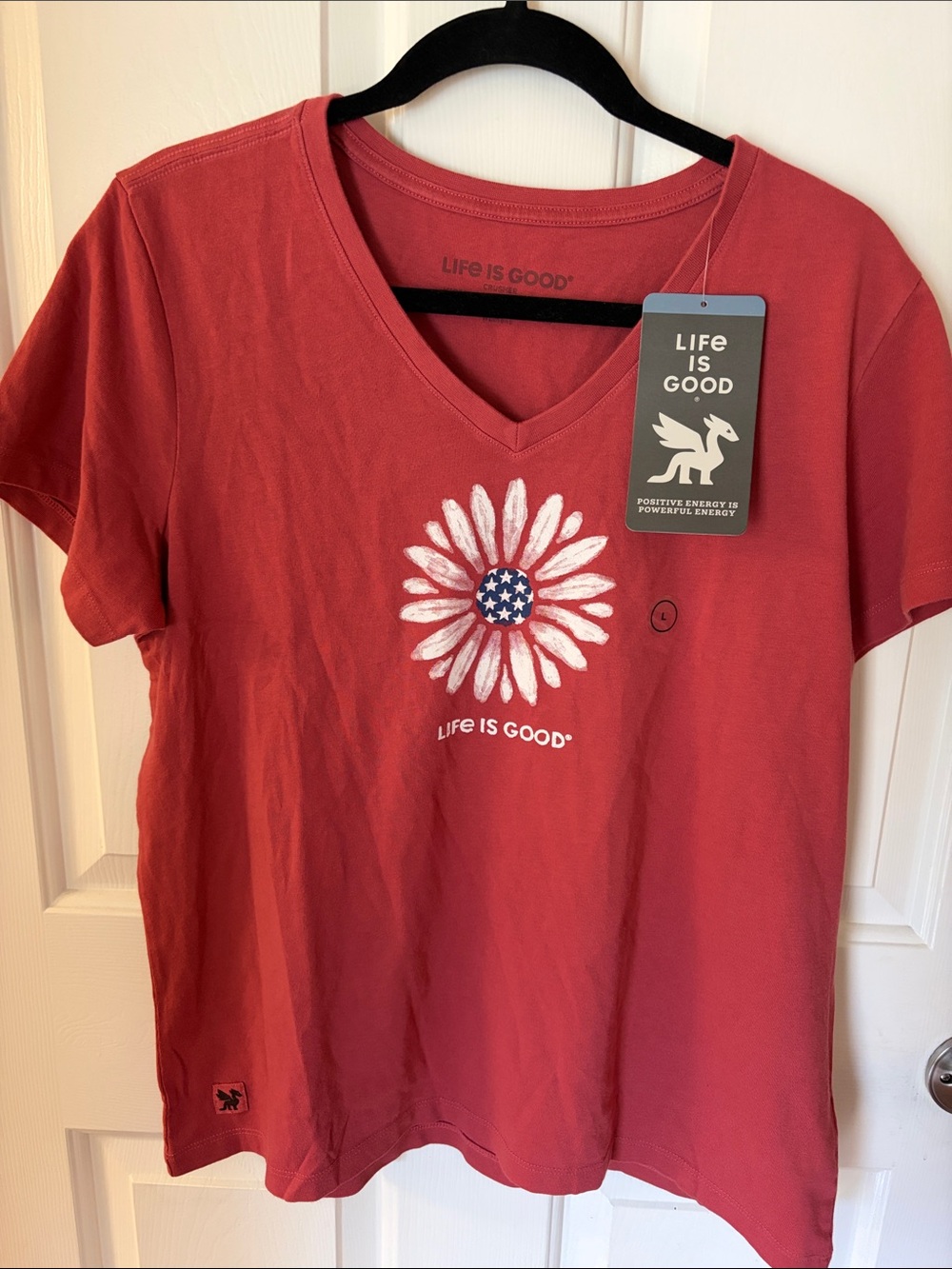 Life Is Good Red V‑Neck Daisy Tee with Star Center Patch